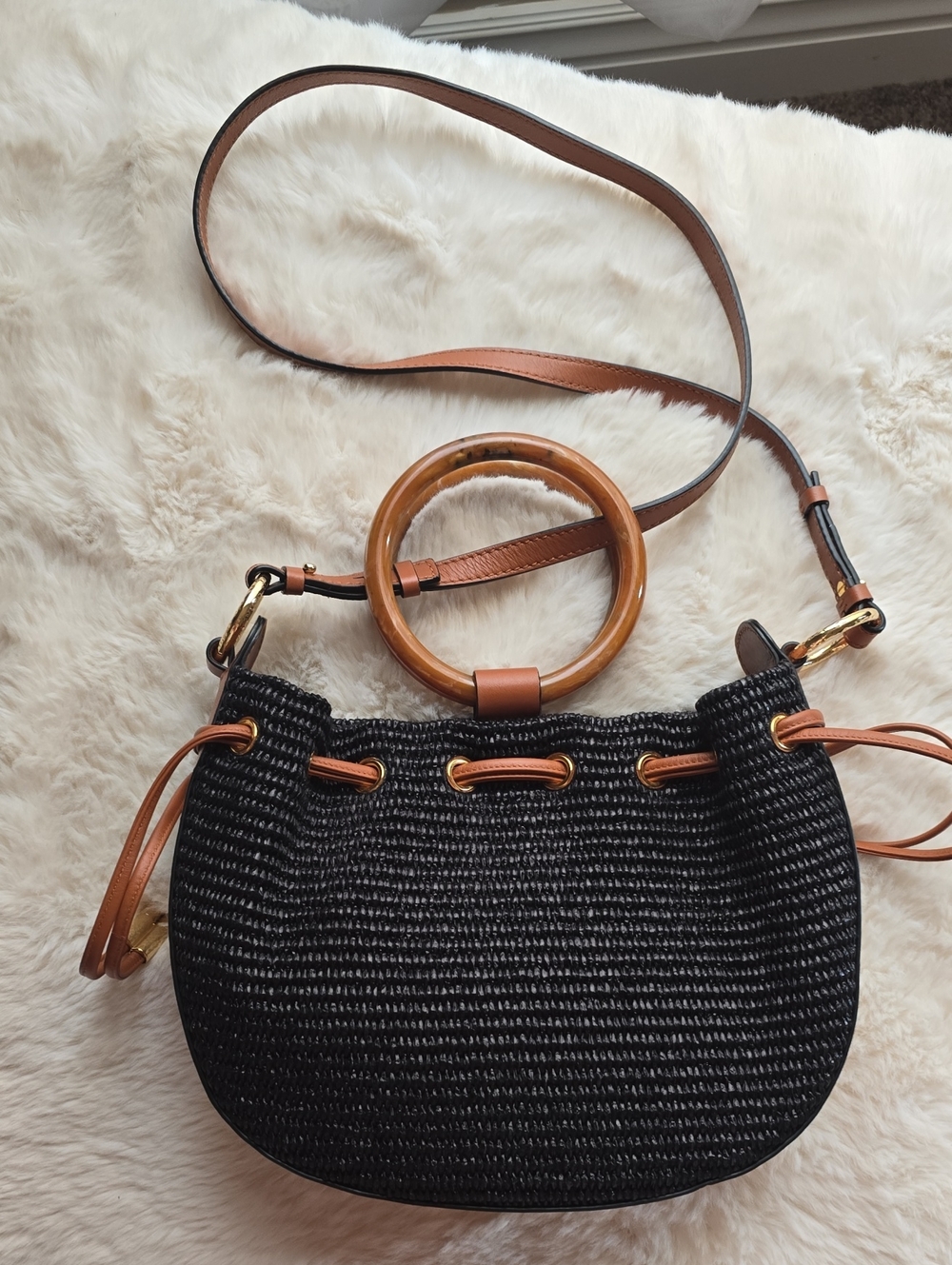 VALERIA Black Straw Crossbody Bag with LLeather Trim